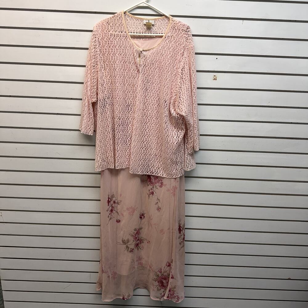 VTG 90s JL Studio Dress Jacket Set Womens 26W Pink Floral Maxi Chiffon Wedding